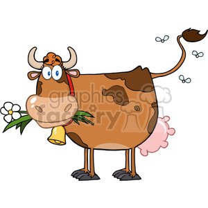   The clipart image depicts a brown and white cow with large blue eyes, wearing a red headband, and a bell around its neck. The cow has a pair of horns and is chewing on some green leaves, with a flower resting in its mouth. Its udders are pink, and there are flying insects around its swishing tail. This image has a cartoonish, comical style. 
