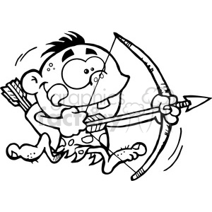 A comical cartoon illustration of a caveman with an exaggerated expression, holding a bow and arrow as if hunting.