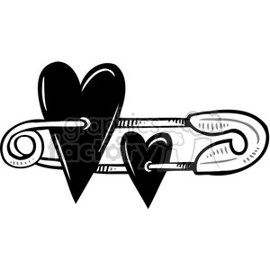 A clipart image featuring two black heart shapes pierced by a safety pin, symbolizing love and connection.