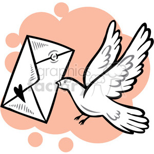 A clipart image of a white dove carrying a sealed envelope with a heart symbol, set against a peach-colored background.