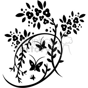 Black and white clipart image featuring floral patterns with flowers, leaves, and butterflies.