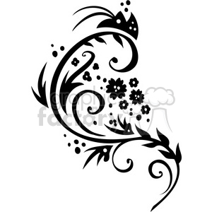 This is a black and white clipart image featuring an intricate floral design with swirling vines and flowers.
