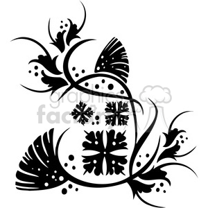 A decorative black and white floral clipart design featuring intricate leaves and abstract floral patterns with dots.