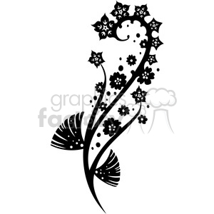 A black and white clipart image of an abstract floral design. The design features swirling stems with various flower shapes and decorative dots.