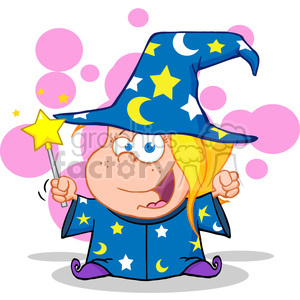 A playful cartoon wizard character with blonde hair, dressed in a blue robe and hat adorned with stars and moons, holding a magic wand with a yellow star at the tip, with a background of pink bubbles.