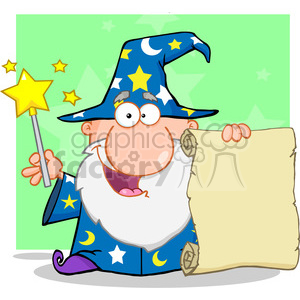 Clipart image of a cheerful cartoon wizard holding a magic wand and a blank scroll, wearing a blue hat and robe with star and moon patterns and set against a green starry background.