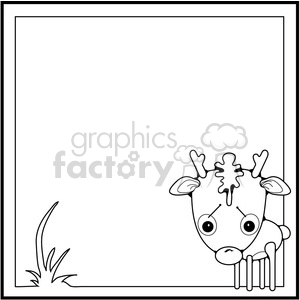 A black and white clipart image featuring a cute baby deer peeking from the bottom right corner inside a square border with some grass on the left side.