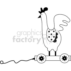 A black and white clipart image of a rooster pull toy with wheels, featuring a long string.