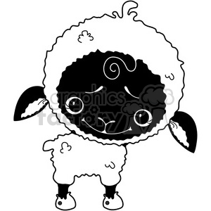 This clipart image features a cute, cartoon baby sheep or lamb with a fluffy fleece. The lamb has big, expressive eyes, a small, content smile, and wears little shoes. The illustration is done in a black and white, outline style.