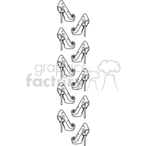 Repeated pattern of a high-heeled shoe clipart with decorative swirls and a bow.