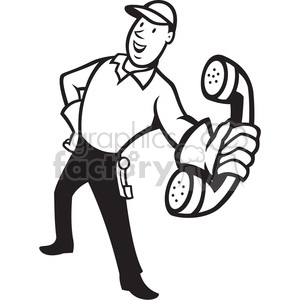 Black and white telephone repairman handing phone