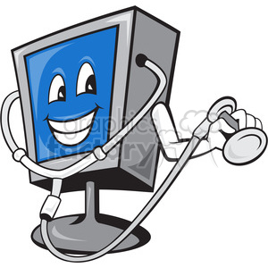 Clipart image of a smiling computer monitor character holding a stethoscope.