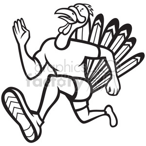 A black and white clipart image of a cartoon turkey running, dressed as a runner with shorts, a t-shirt, and sneakers. The turkey's tail feathers are shaped like pencils.