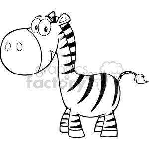   The image is a black and white clipart drawing of a comical zebra with a large, exaggerated snout, wide eyes, and visible stripes running along its body and legs. The zebra