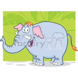 The image is a vibrant and whimsical cartoon illustration of a happy, standing elephant. The elephant is blue with large pink ears and a little flower adornment on its head. Its trunk is curled up, suggesting a joyful expression, and it has a wide-open mouth as if it is perhaps trumpeting or laughing. The background suggests a green jungle or a leafy environment, fitting for a zoo or jungle theme.