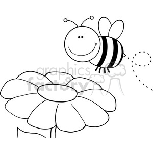 A black-and-white clipart image of a smiling bee flying near a flower.
