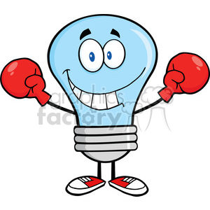 A cartoon lightbulb character with a happy expression, wearing boxing gloves and sneakers.