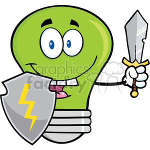 6119 Royalty Free Clip Art Green Light Bulb Guarder With Shield And Sword