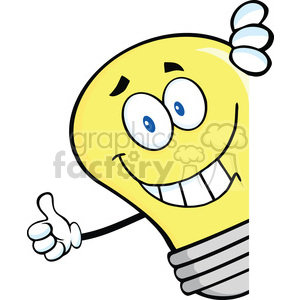 A cheerful and funny cartoon lightbulb character giving a thumbs-up.