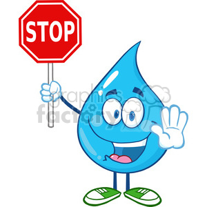 6217 Royalty Free Clip Art Water Drop Cartoon Mascot Character Holding A Stop Sign