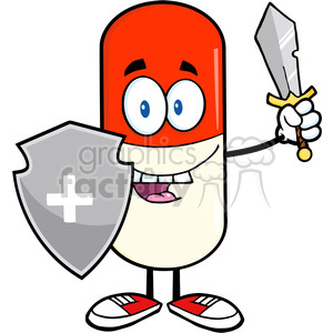 6300 Royalty Free Clip Art Pill Capsule Guarder With Shield And Sword