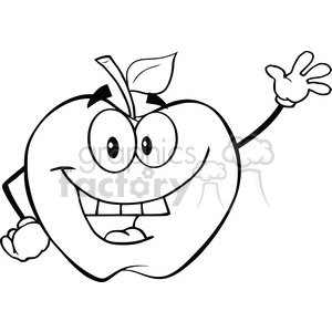 6501 Royalty Free Clip Art Black And White Apple Cartoon Mascot Character Waving For Greeting Clipart 3421 Graphics Factory