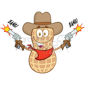   6803 Royalty Free Clip Art Smiling Peanut Cowboy Cartoon Mascot Character With Guns And Shooting 