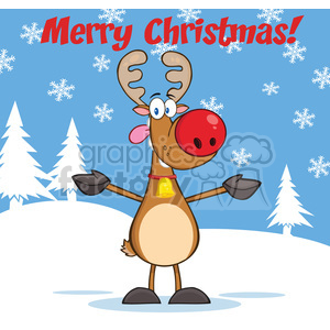 A humorous Christmas-themed clipart featuring a cartoon reindeer with a red nose standing in a snowy winter landscape. The words 'Merry Christmas!' are written at the top, surrounded by snowflakes and pine trees.