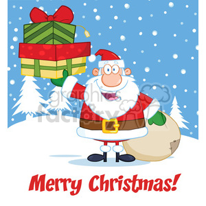 6672 Royalty Free Clip Art Merry Christmas Greeting With Santa Claus Holding Up A Stack Of Gifts