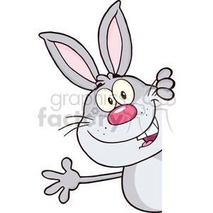   This image features a humorous cartoon-style drawing of a grey rabbit. The rabbit has large, expressive eyes, oversized pink and grey ears, and its mouth is open in a goofy grin that shows one tooth. It