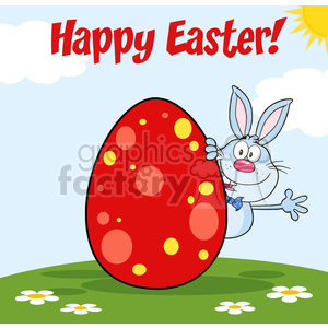 Royalty Free RF Clipart Illustration Happy Easter From Blue Rabbit Cartoon Character Waving Behinde Egg