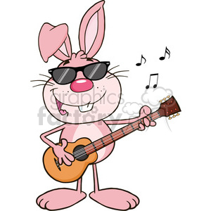 Clipart image of a pink bunny wearing sunglasses and playing an acoustic guitar with musical notes around.