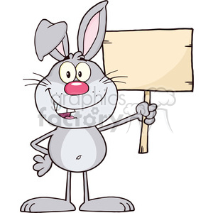 A cheerful cartoon rabbit holding a blank wooden sign. The gray bunny has a friendly expression with wide eyes, a pink nose, and prominent front teeth.