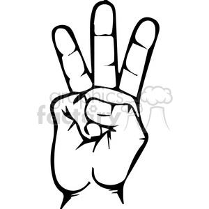   The clipart image depicts a hand gesture from the sign language alphabet. The thumb is tucked between the index and middle finger while the index, middle, and ring fingers are extended upward and the little finger is folded down, indicating a "W" in the sign language alphabet. 