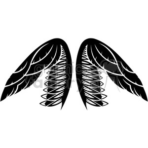 Black and white clipart image of a pair of stylized, symmetrical wings with feather details.
