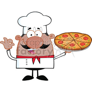   The clipart image features a cartoon chef holding a pizza. The chef is wearing a typical white chef