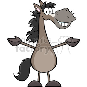   The image is a cartoon depiction of a horse. The horse is standing upright on two legs, which is anthropomorphic (human-like behavior) for humorous effect. It has a large, exaggerated smile and is extending its front hooves as if gesturing or presenting. The color scheme is simple, with the horse being primarily brown, featuring a darker mane and tail, and white accents to indicate its teeth and eyes. This style is commonly used in children