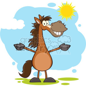   The clipart image shows a cartoon horse with a large, friendly smile. The horse stands upright on two legs with its arms spread wide. The background features a blue sky with a few clouds and a bright yellow sun. There
