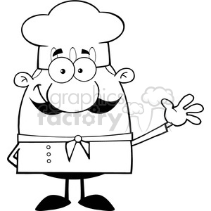   This clipart image features a cartoon chef. The character is smiling and has big, round eyes, a mustache, and is wearing a chef