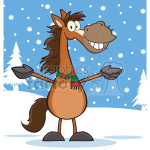   The image is a colorful and whimsical clipart illustration featuring a horse standing upright on two legs in a winter scene. The horse is brown with a darker brown mane and tail, and has a large, friendly smile on its face. It