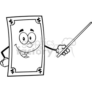This clipart image features an anthropomorphic dollar bill character. The character has a face with eyes, eyebrows, and a smiling mouth. It has two arms, one of which is holding a pointer stick. The dollar bill has two legs and is standing. There are currency symbols, specifically the dollar sign, on each corner of the bill.