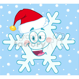 A cheerful snowflake cartoon character wearing a Santa hat on a snowy blue background.