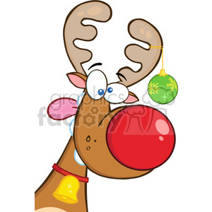 A cartoon reindeer with a large red nose and antlers, adorned with a green ornament hanging from one antler and a bell around its neck, representing Christmas themes.