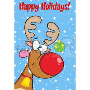 Festive cartoon reindeer with a red nose and antlers, holding a green ornament, surrounded by snowflakes, with 'Happy Holidays!' text.