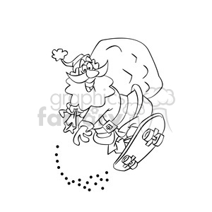 A humorous clipart image of Santa Claus skateboarding while delivering gifts.