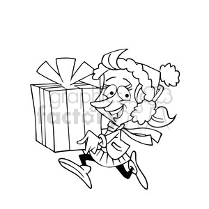 A cartoon character wearing a winter hat and scarf, joyfully carrying a large wrapped Christmas present.