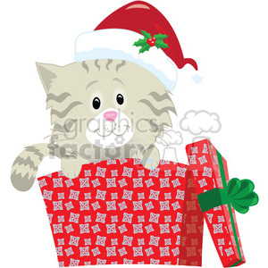 A cute cartoon cat wearing a Santa hat popping out of a red Christmas gift box, with another wrapped present beside it.