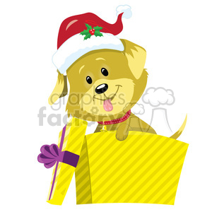 A cute cartoon dog wearing a Santa hat peeking out of a yellow gift box, alongside a smaller present with a purple ribbon.