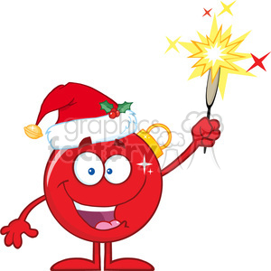 A festive cartoon red Christmas bulb wearing a Santa hat, holding a sparkler.