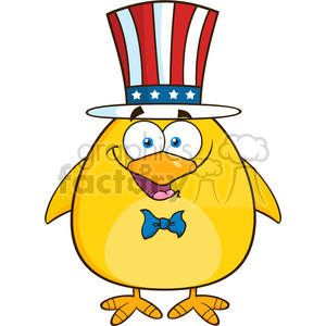 A funny cartoon bird wearing a red, white, and blue Uncle Sam hat and a blue bow tie, celebrating the 4th of July.